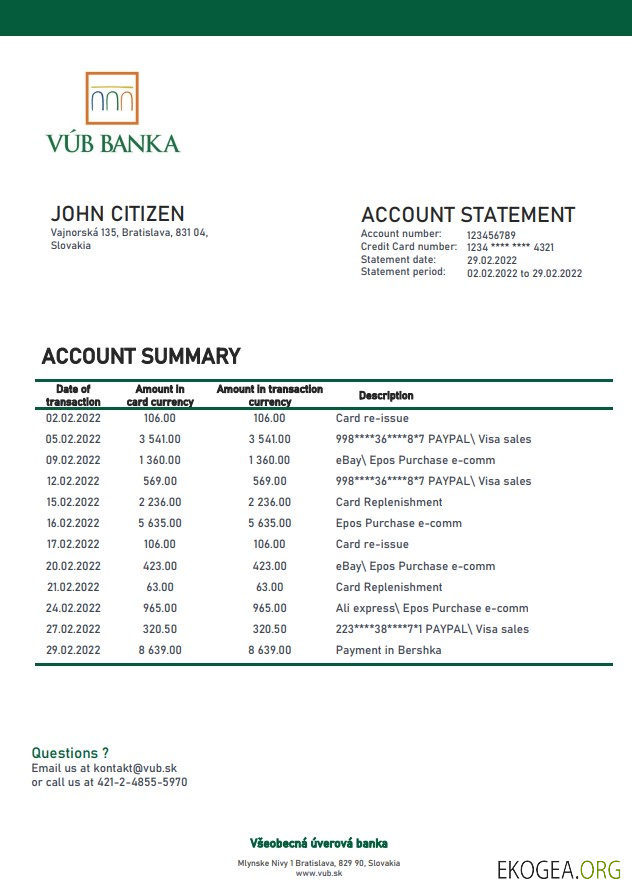 Relevé bancaire Slovaquie VUB